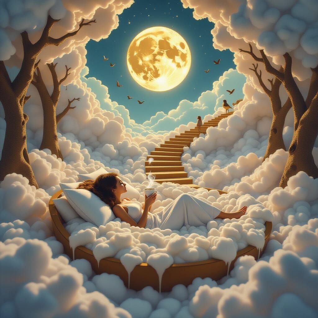 A surreal dreamworld where the moment of waking is captured visually: a floating bed made of soft coffee foam, pillows steaming like freshly...