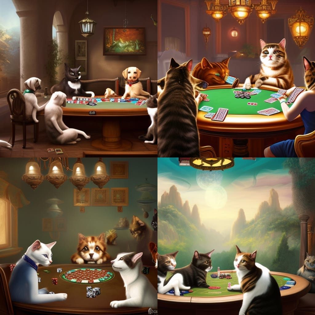 Cats Playing Poker Whit Dogs In Callenge - Ai Generated Artwork 