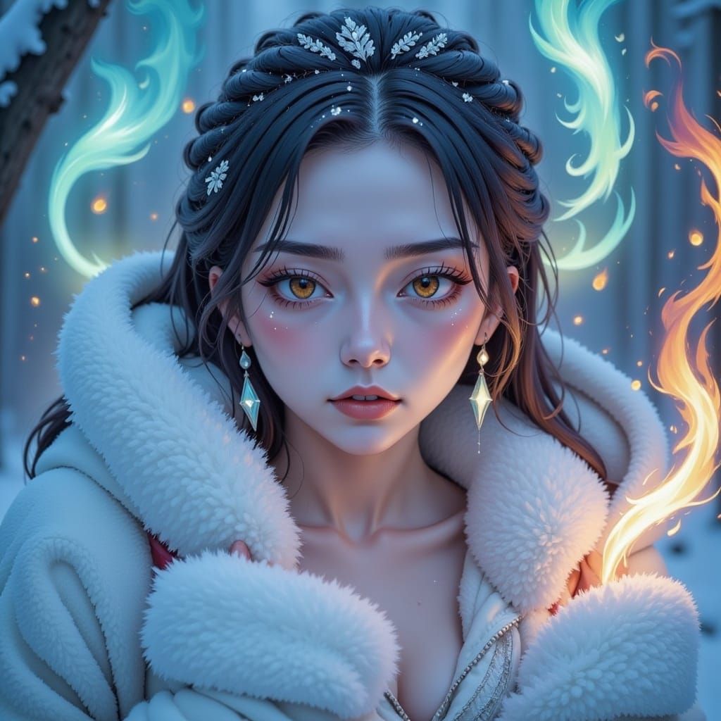 <lora:PeulotoJaenan Fx:1.0>, Portraiture of ethereal frost snow-covered woman, auroral luminescence infused in delicate facial features, per...