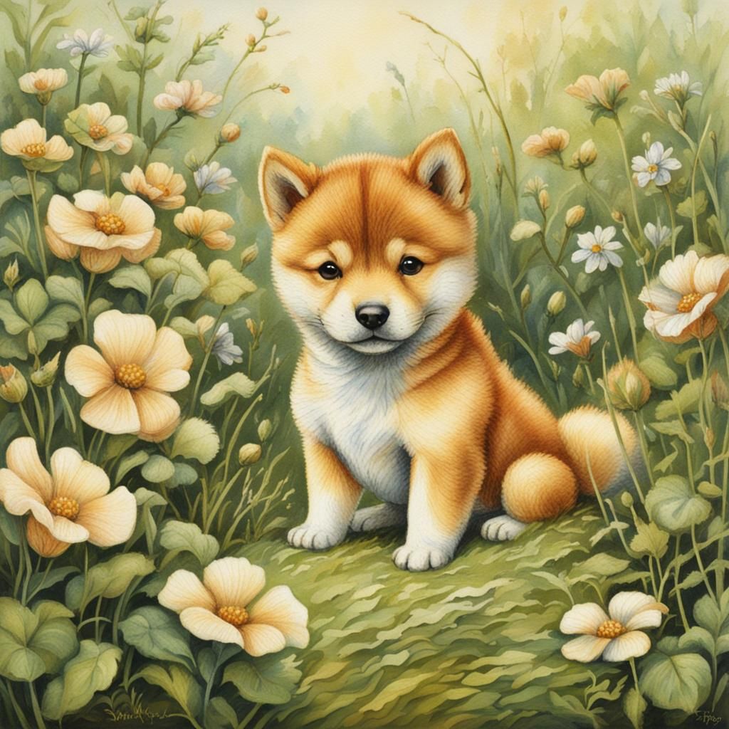 A Shiba dog in the Cicely mary barker's style