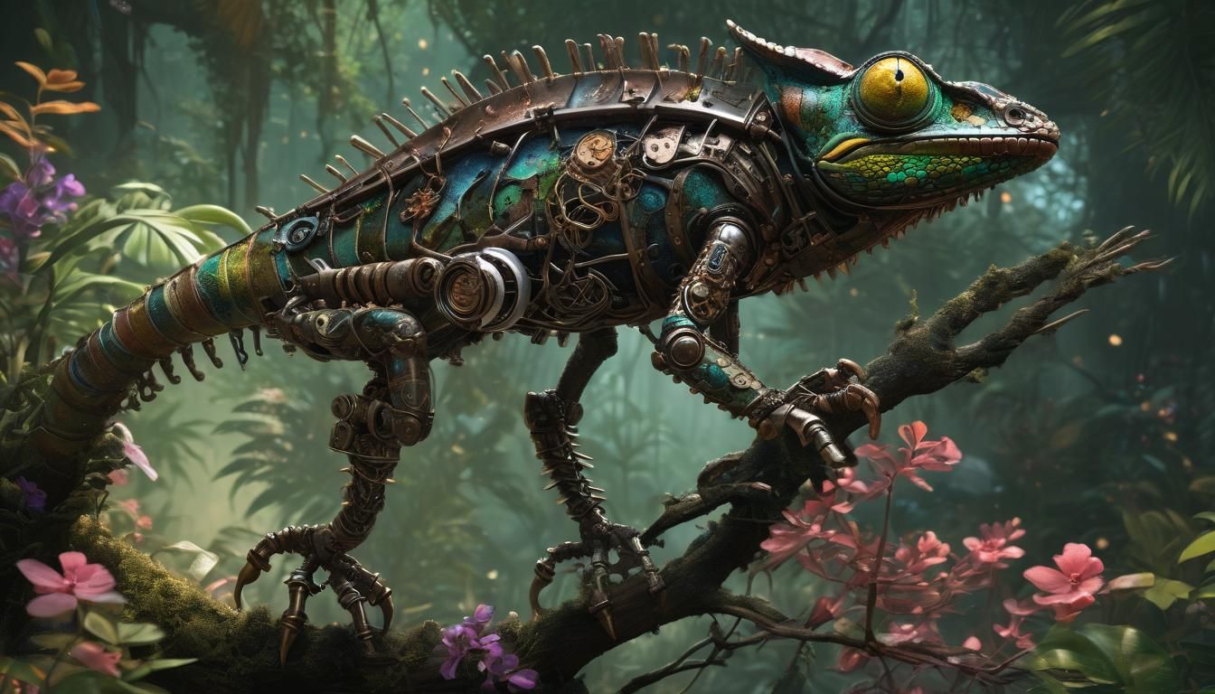 Steampunk chameleon in tropical jungle surroundings - AI Generated ...