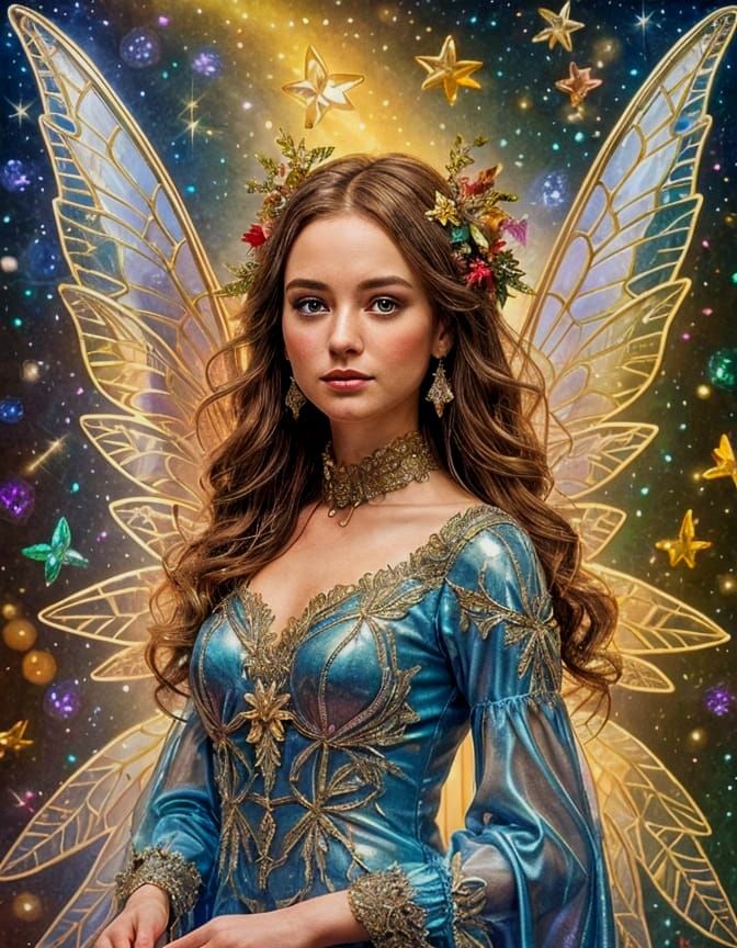 Winged Fairy Holding Gift in Mosaic Style