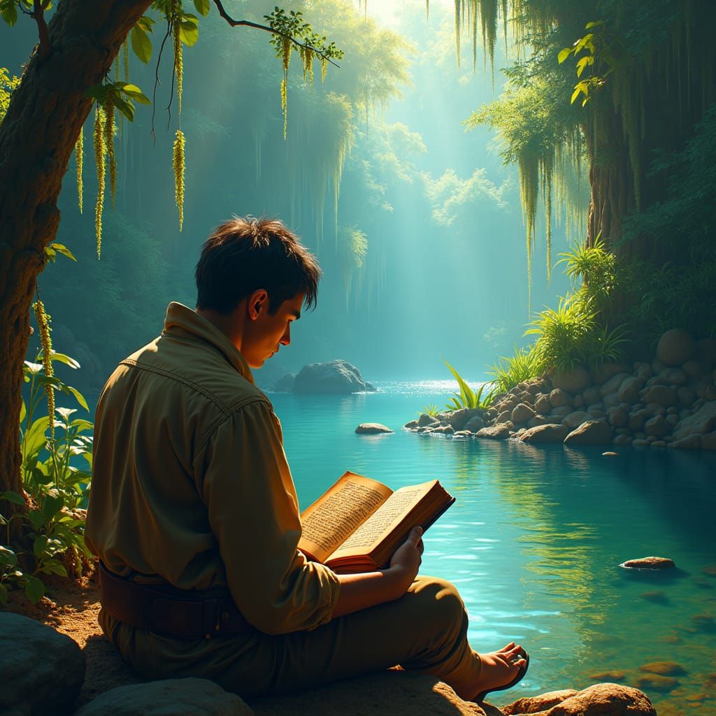 A jungle and a river and a person sitting between them and r...