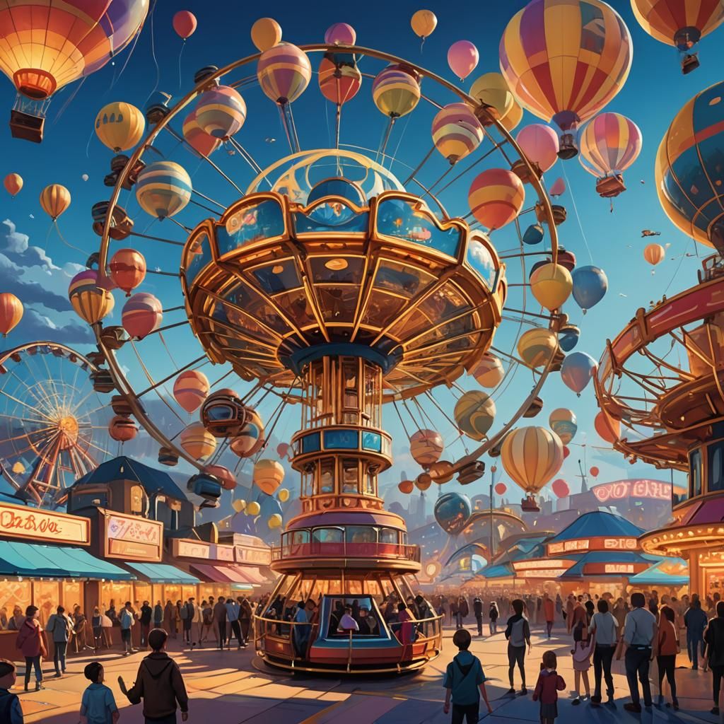 Fantasy Amusement Park with Ferris Wheel, Golden Lighting
