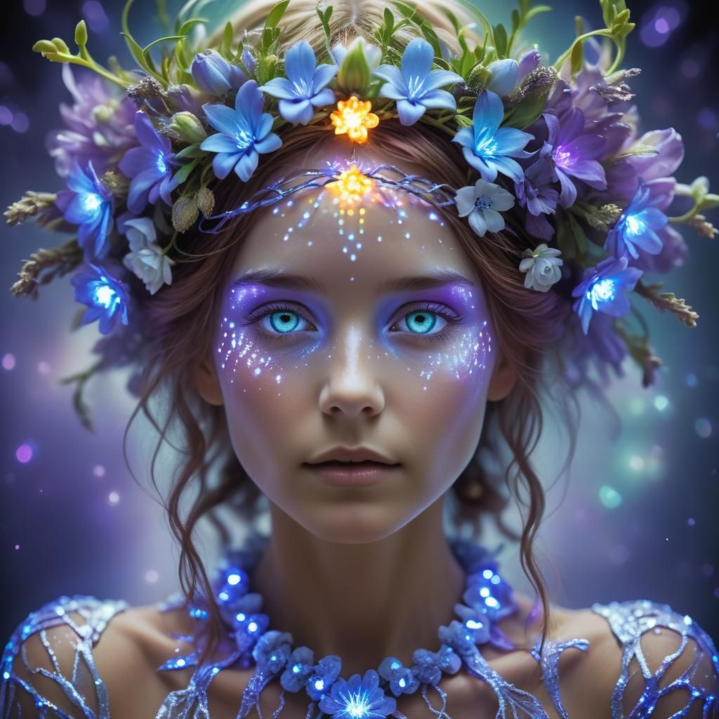 pearlescent woman, quantum consciousness flower crown, kirlian photography, Lisa Holloway, Android Jones, ...  by @Nimira