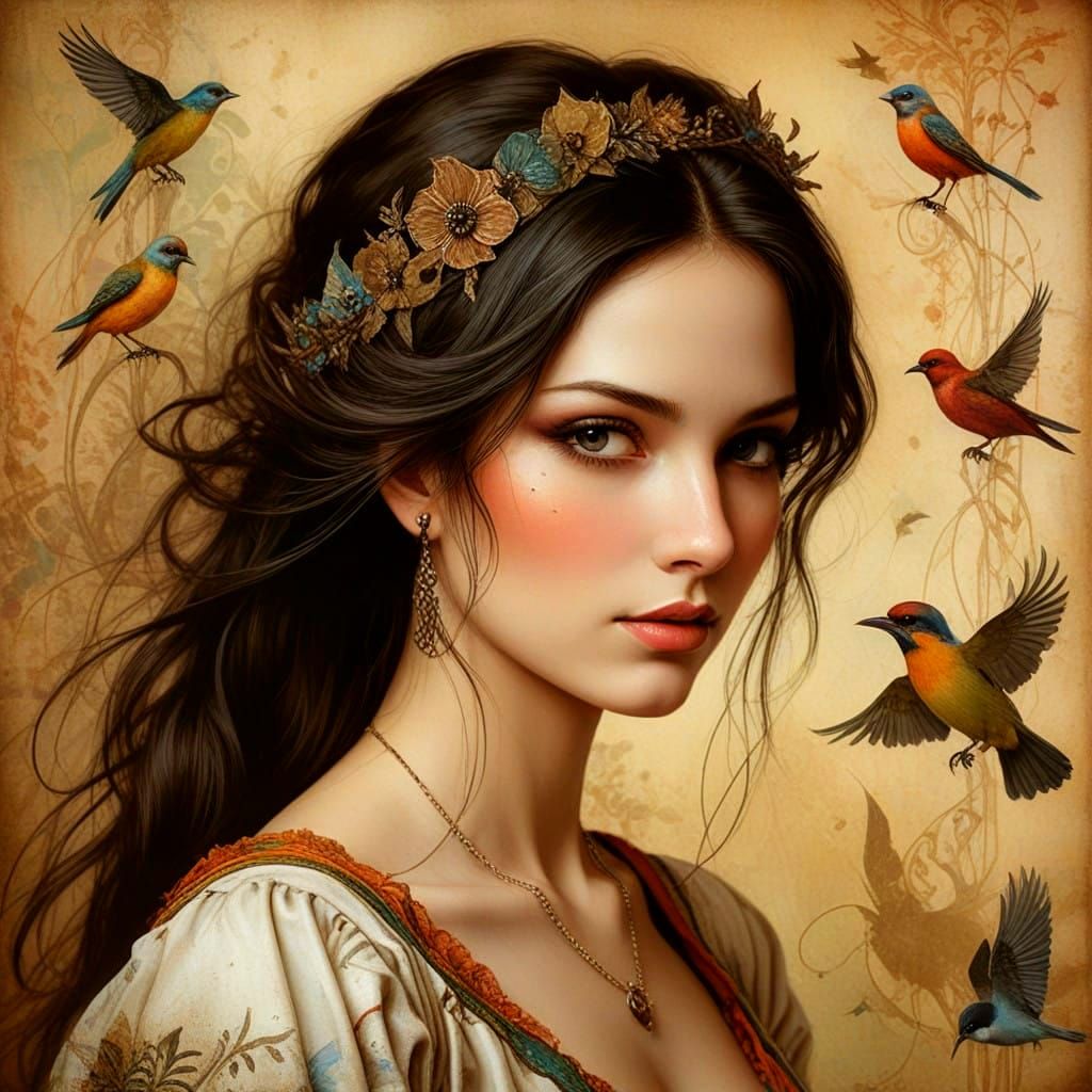 Vibrant Middle-Aged Lady with Birds in Intricate Gothic Illu...