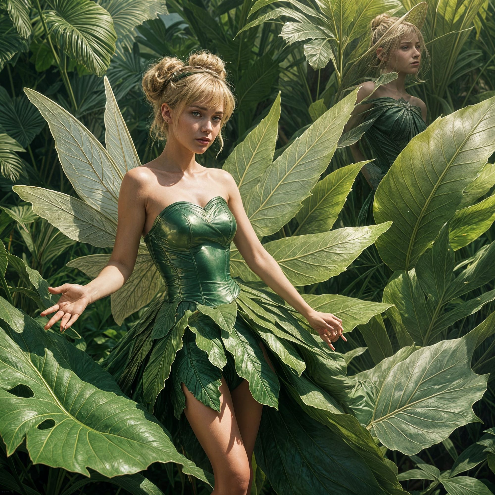 create a realistic fantasy image of a fairy with a short strapless green dress in a retro-vintage Barbiercore style, with blonde hair in a b...