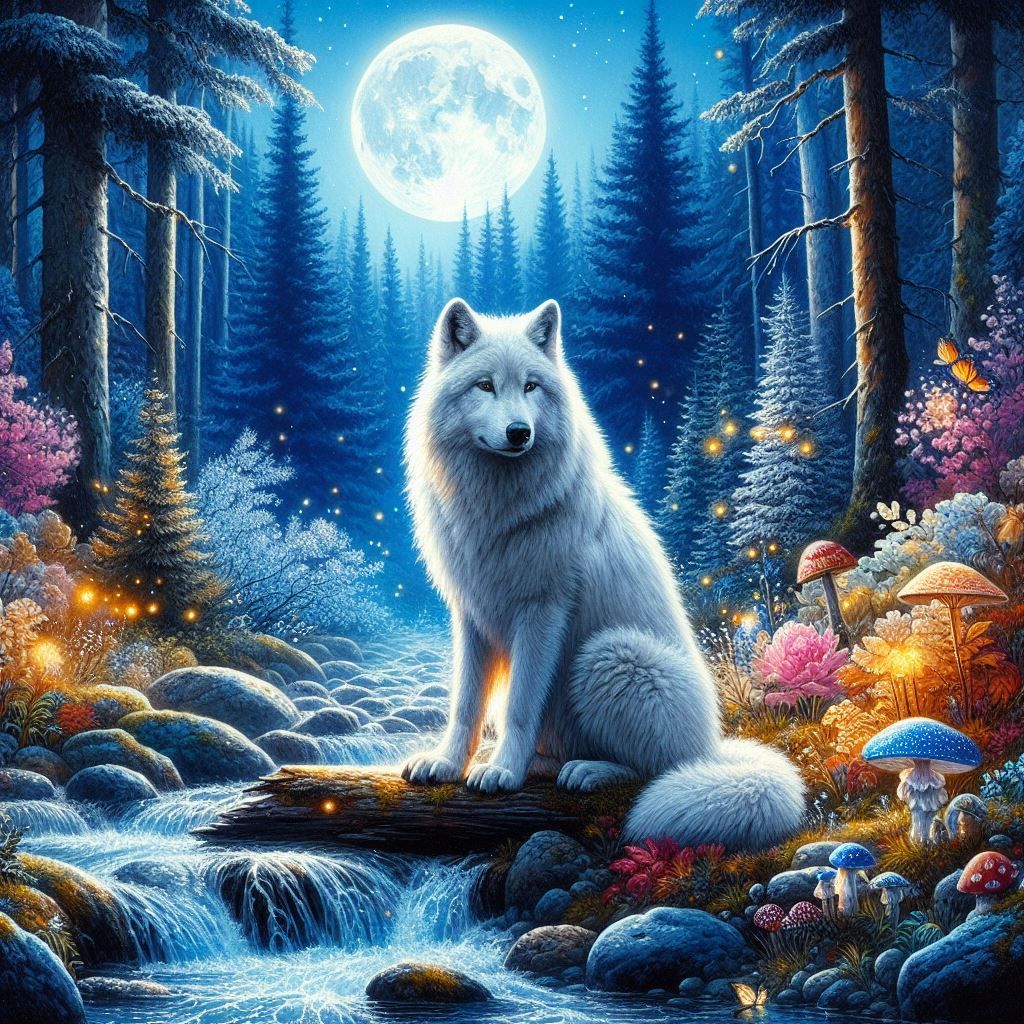 Beautiful, white wolf in enchanted night forest.