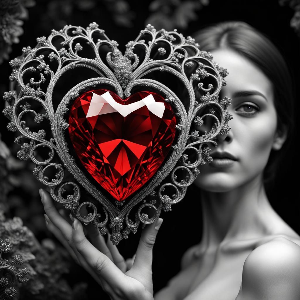 Selective color nature photography a large Red crystal heart against a