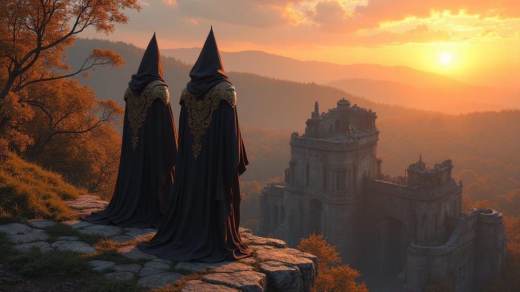 Two wizards overlooking the ruins of an old citadel half destroyed. At the entrance is a stone statue of a dragon, worn by age and time.
The...