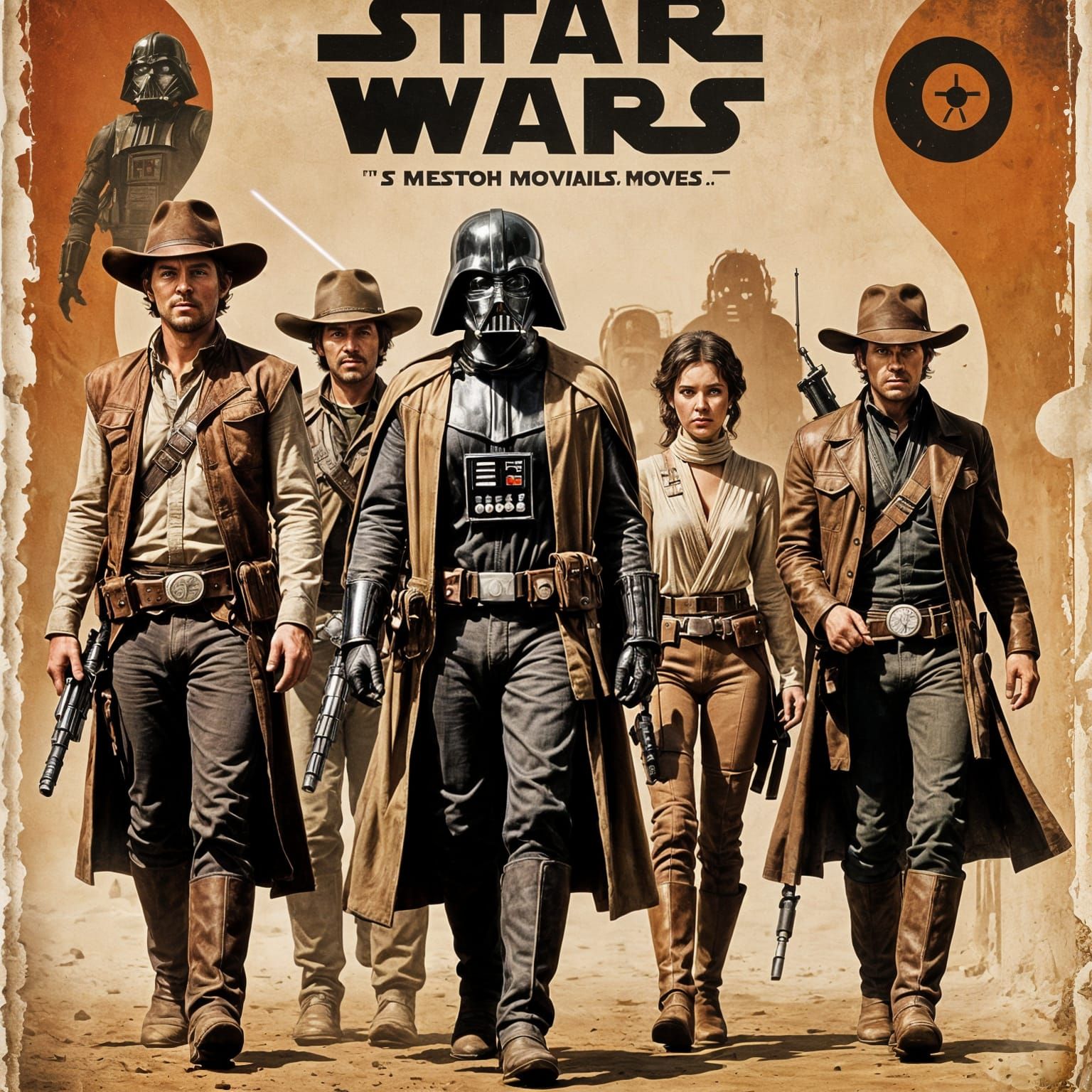 Vintage movie poster, Star Wars Characters remained in a western movie, cowboy hats and boots, text says "Western Stars Wars"