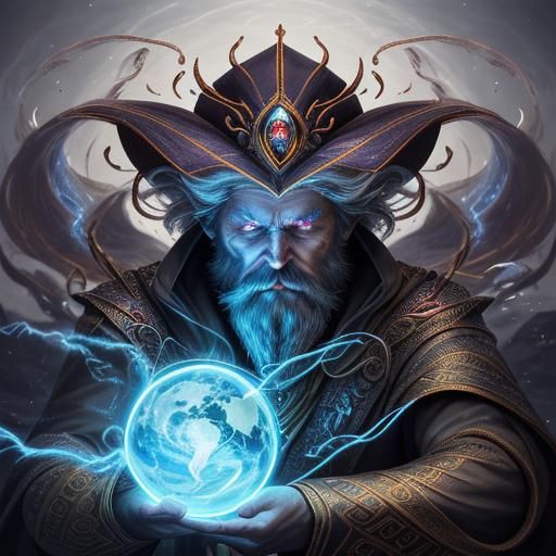 Portrait of epic powerful elemental wizard with glowing magi...