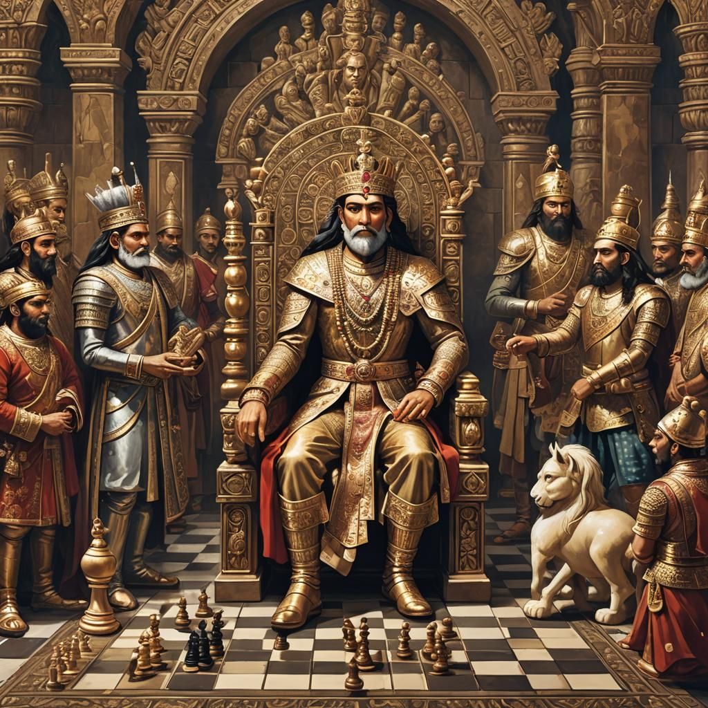 Create an Indian king from an ancient era,
The king, seated ...