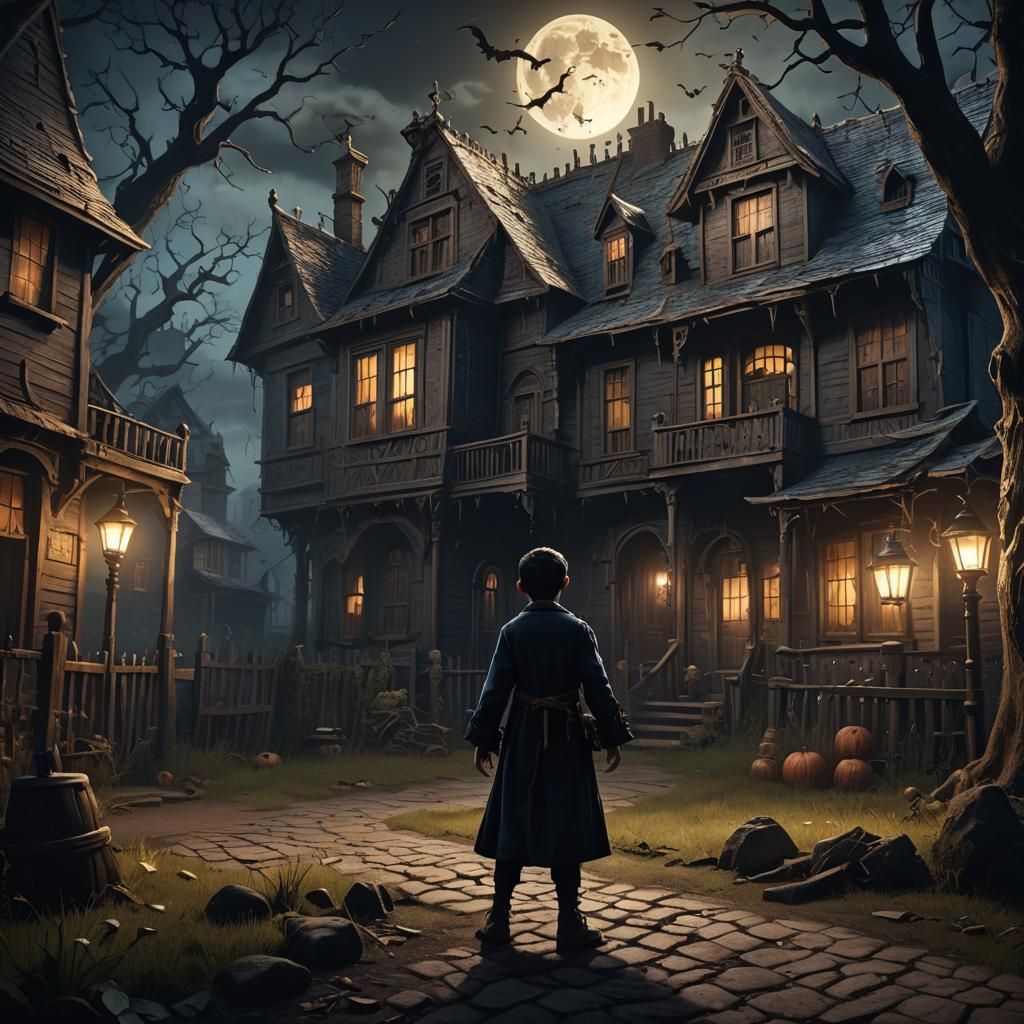 a shadow kid, in the dark night, in a yard of a haunted hous...
