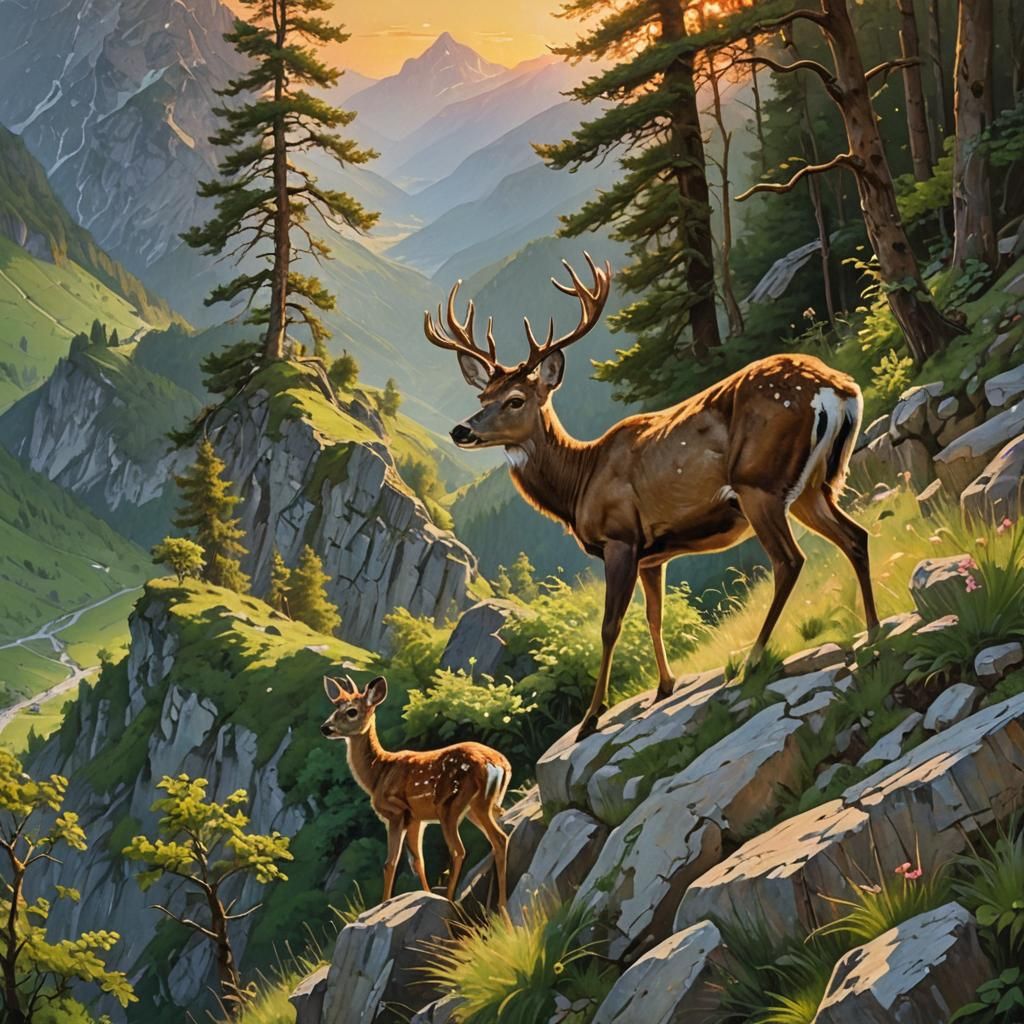 deer with their young, on a steep mountain in the Alps
surro...