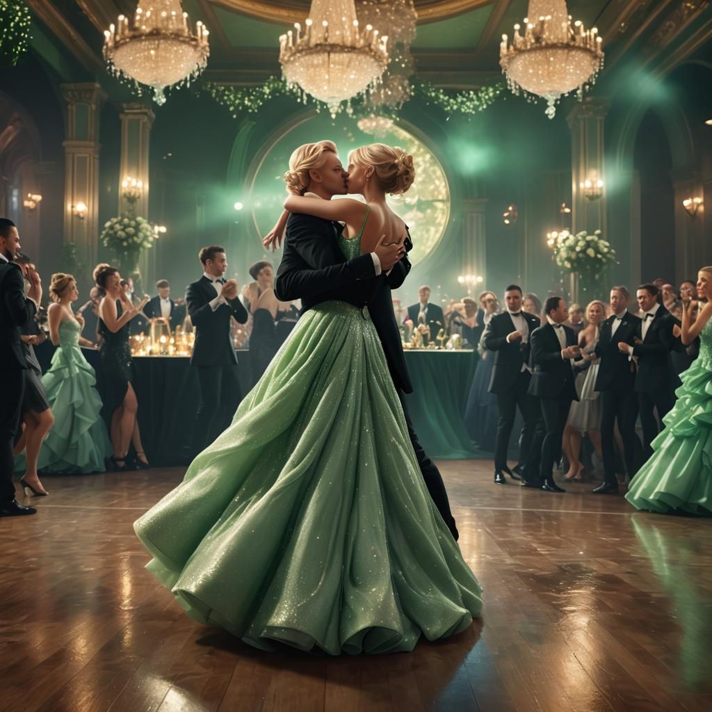 A rich blonde girl in a light green ball gown kissing a boy ...