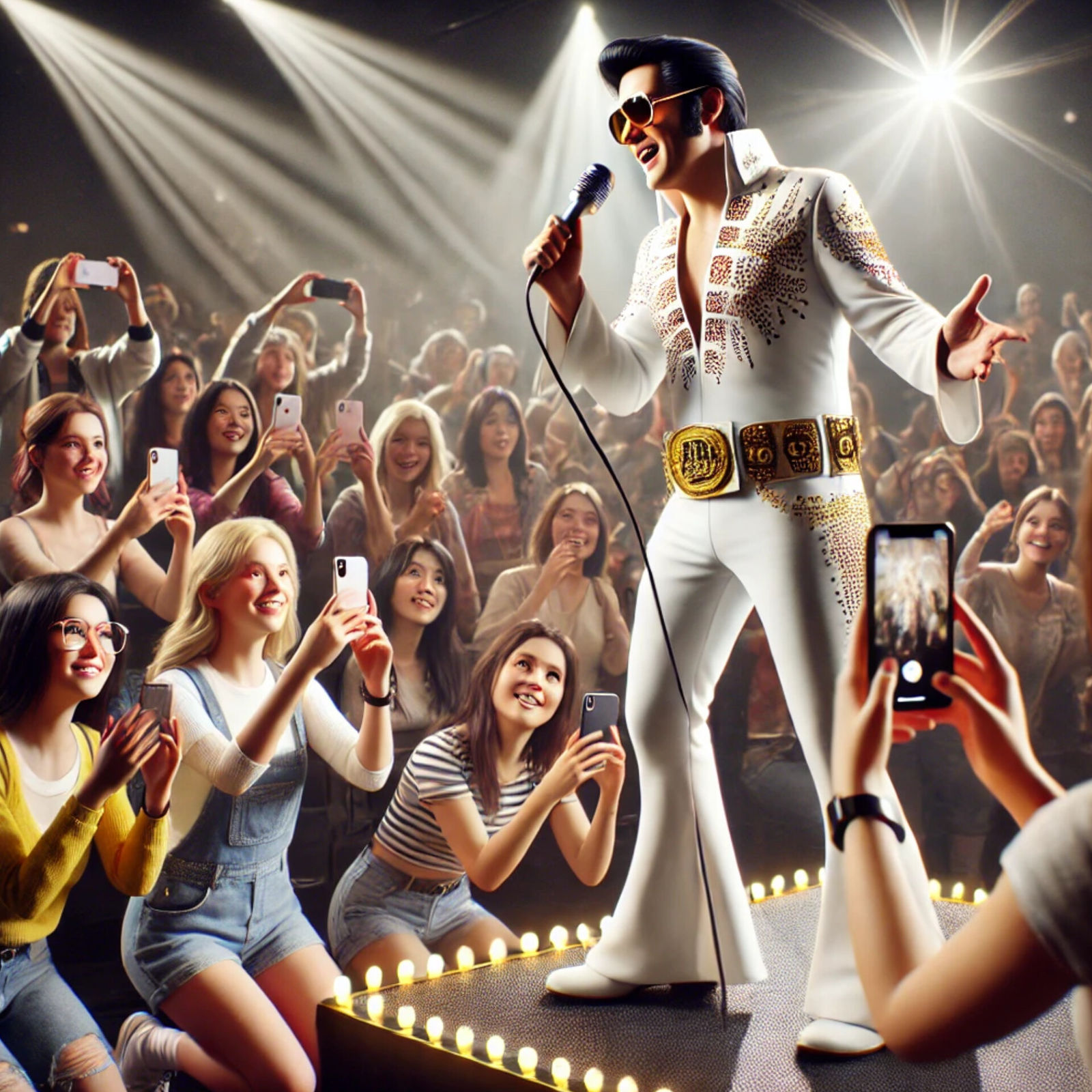 Gen z young ladies in an audience making videos of a 35 year old elvis impersonator singing onstage photorealistic