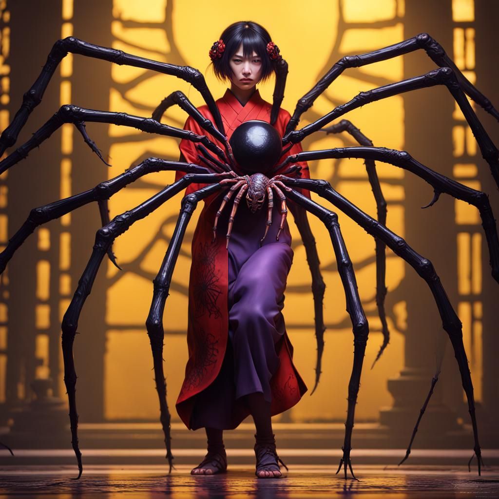 Jorōgumo, Japanese woman with spider legs, red and black pal...
