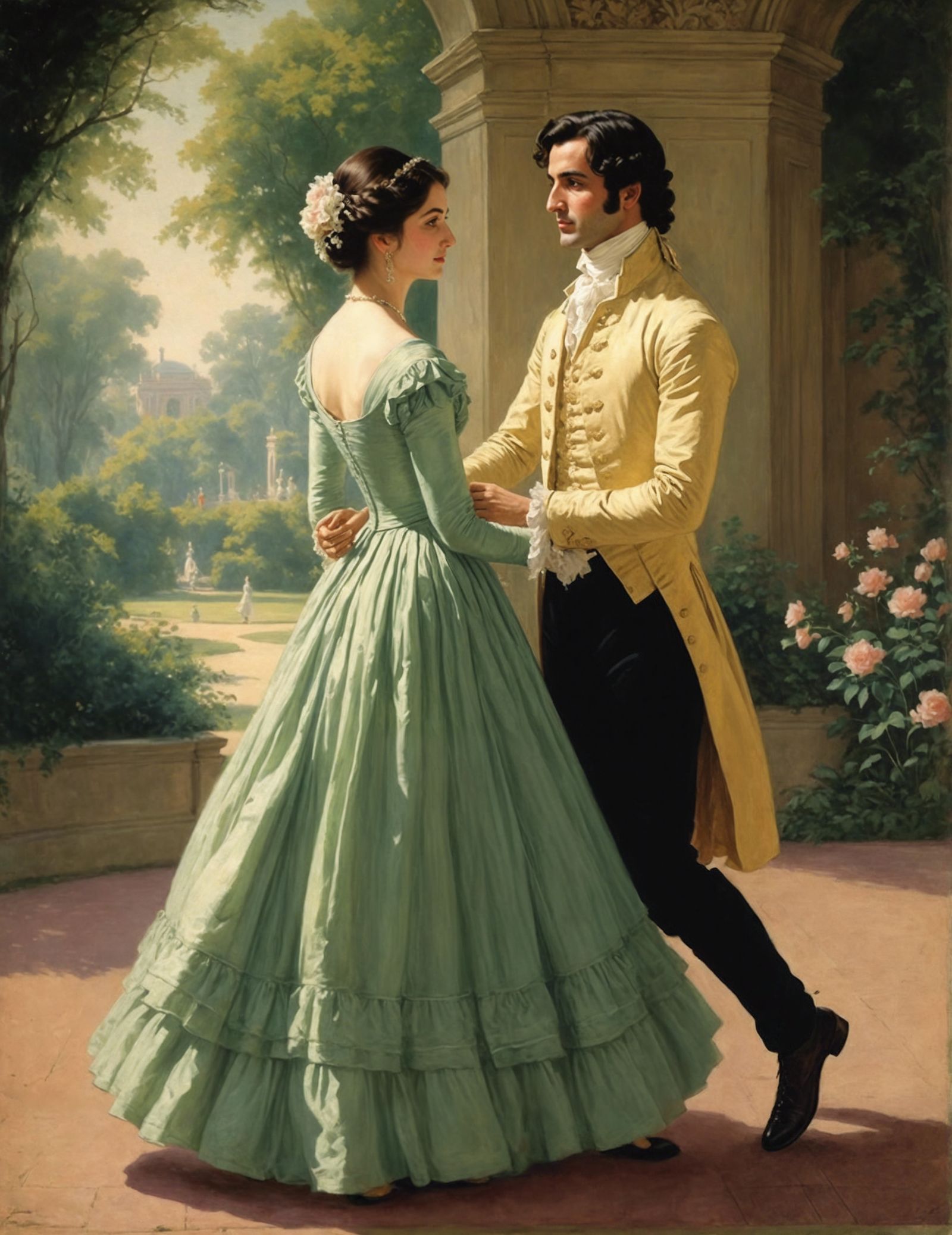 16k resolution, art by Abdur-Rahman Chughtai, Pride and Prejudice, Regency era romance, Elizabeth Bennet in a lush Engli...