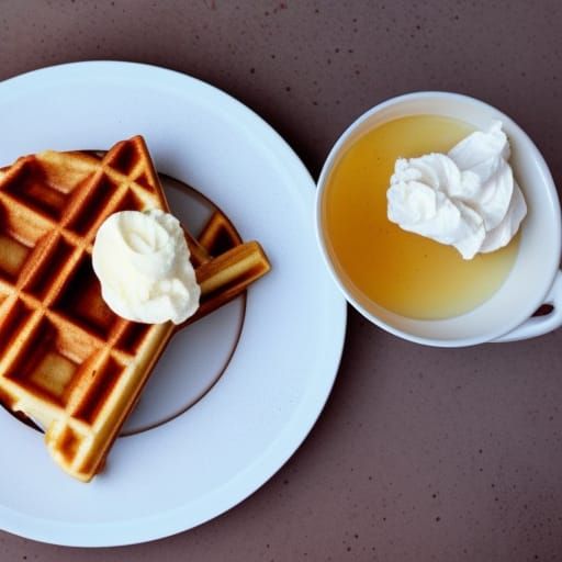 delicious waffles with butter, syrup and whipped cream.