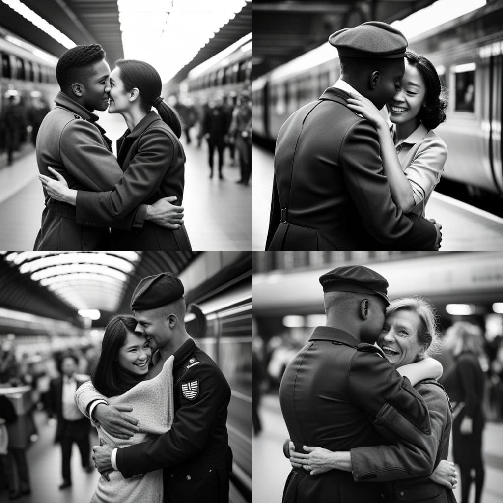 a man and a woman, embracing and smiling, near a train just ...