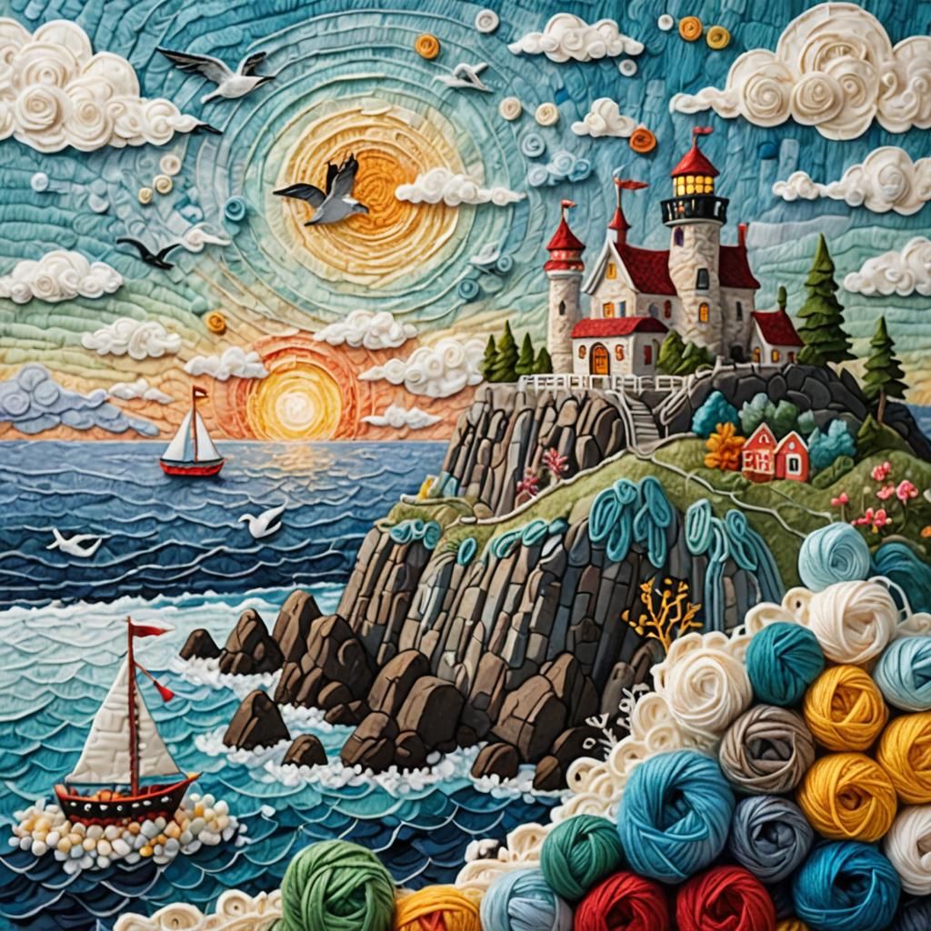 Made of yarns : Castle, ship, sea, seagull, lighthouse