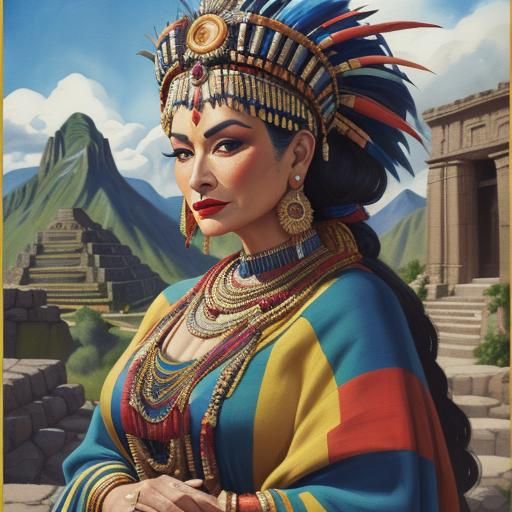 Yma Sumac wears traditional Inca clothes, jewelry and is standing in