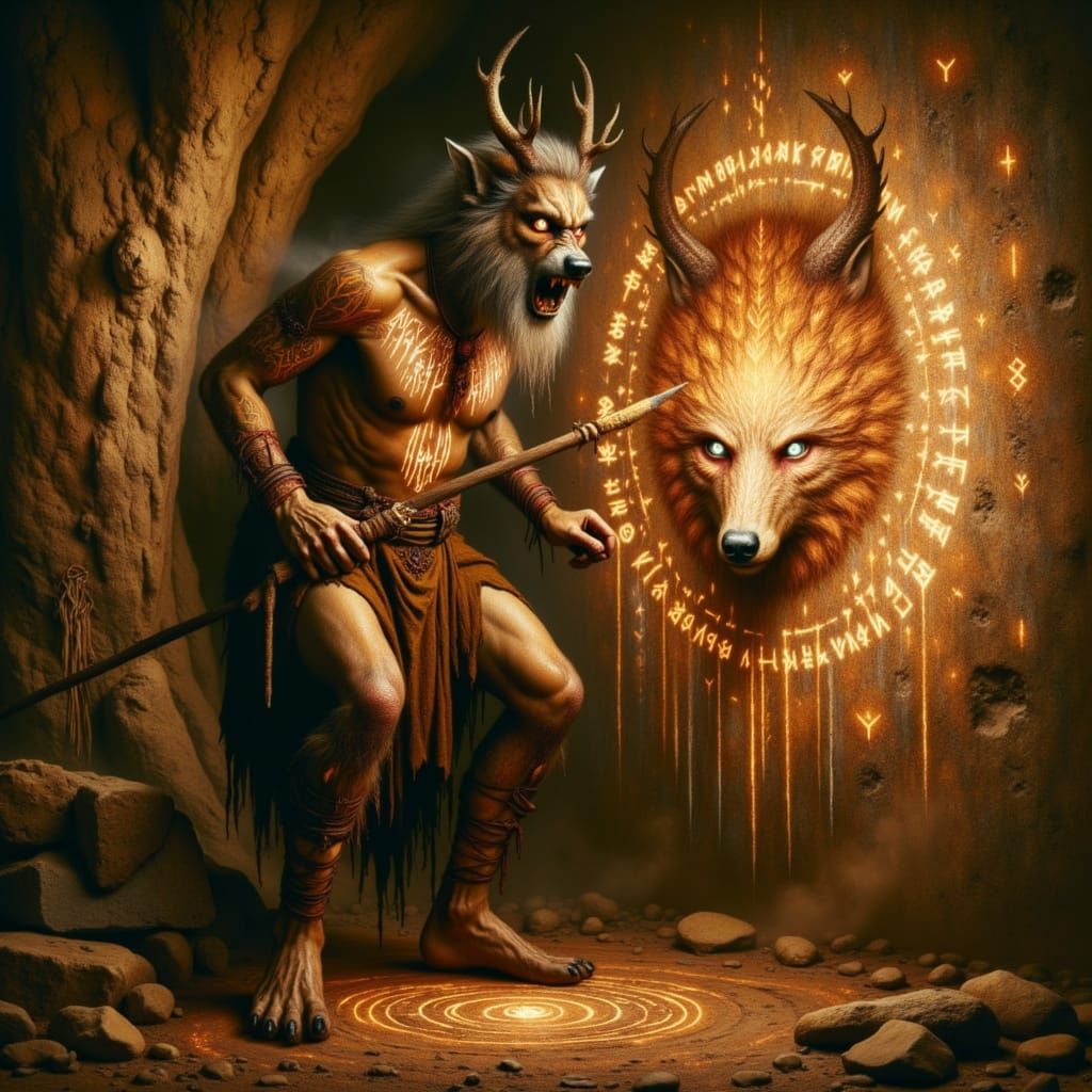 The wendigo-volva painting ancient proto-Germanic rune stories onto a cave wall lit by firelight, zoomorphic features in shadow, smoke blend...