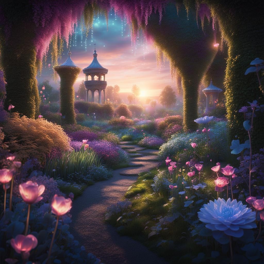 highly intricately detailed, an enchanted garden, sparkles, ...