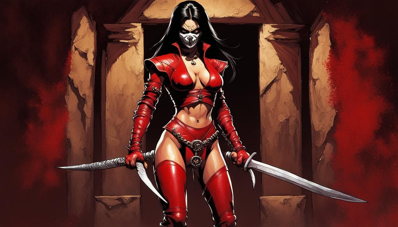 Mileena Mortal Kombat in a red leather outfit by Frank Frazetta