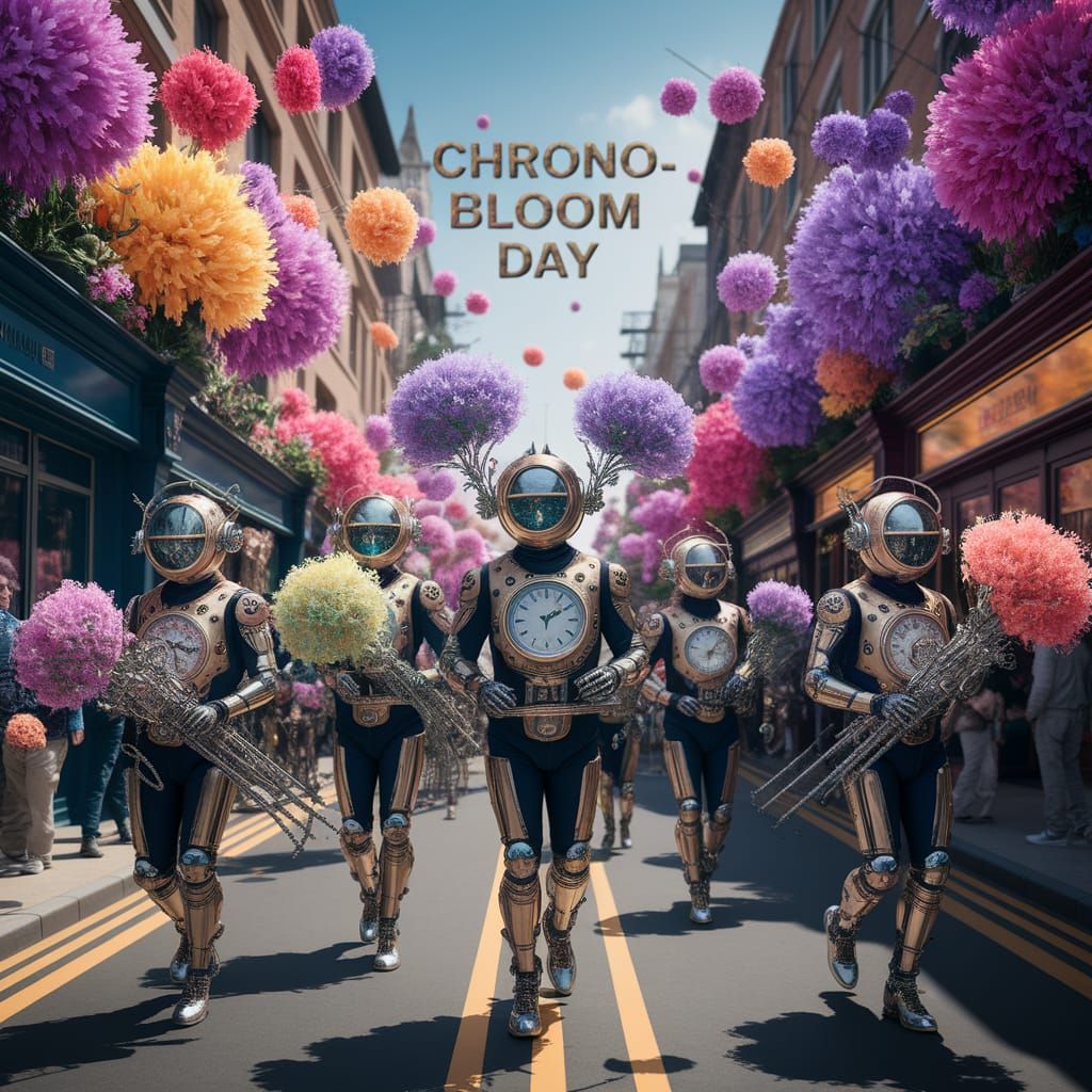 A vibrant street celebration for 'Chrono-Bloom Day'  by @Thexius