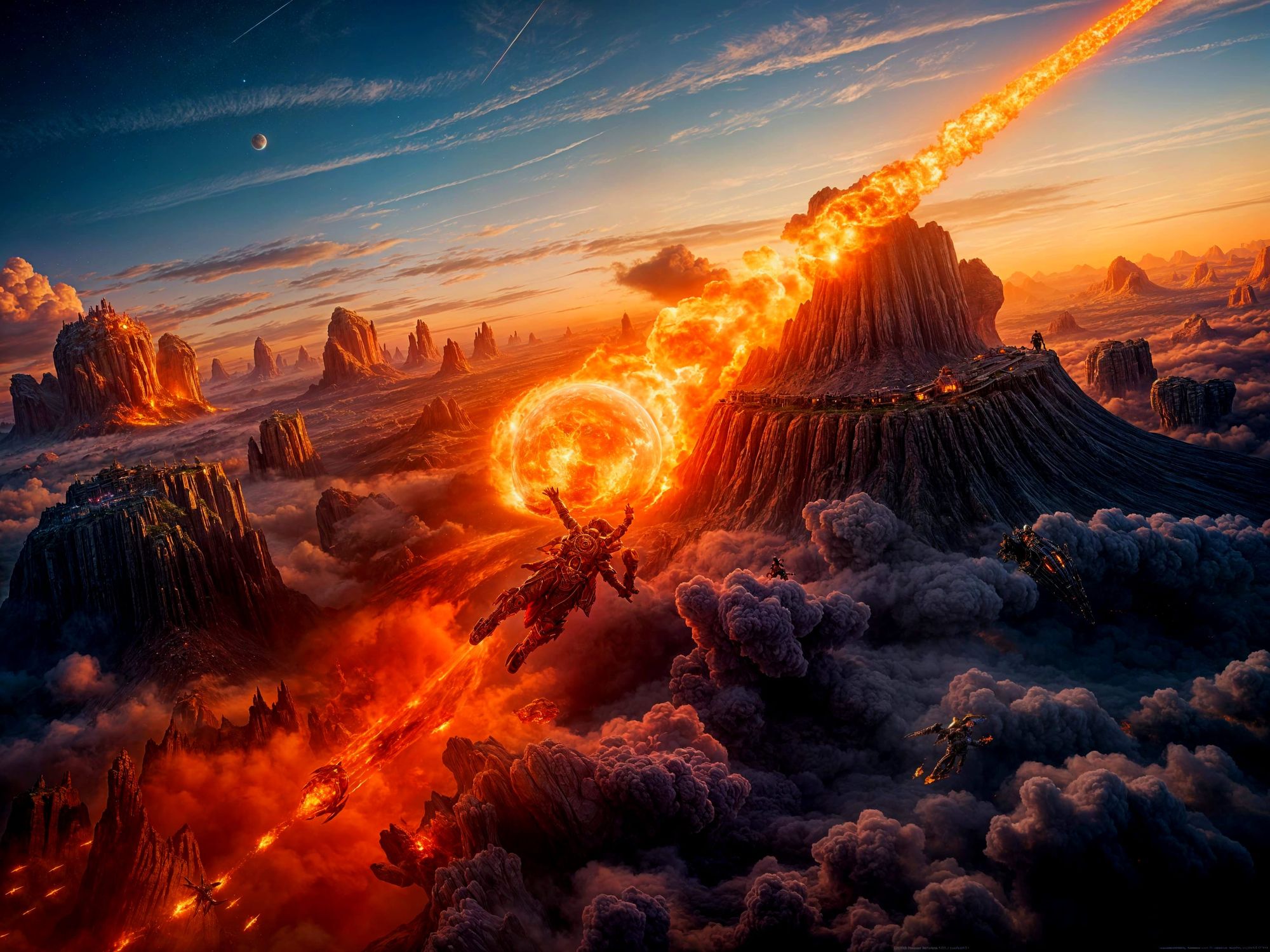 Riding a fireball through sky detailed matte painting, deep color, fantastical, intricate detail, splash screen, complementary colors, fanta...