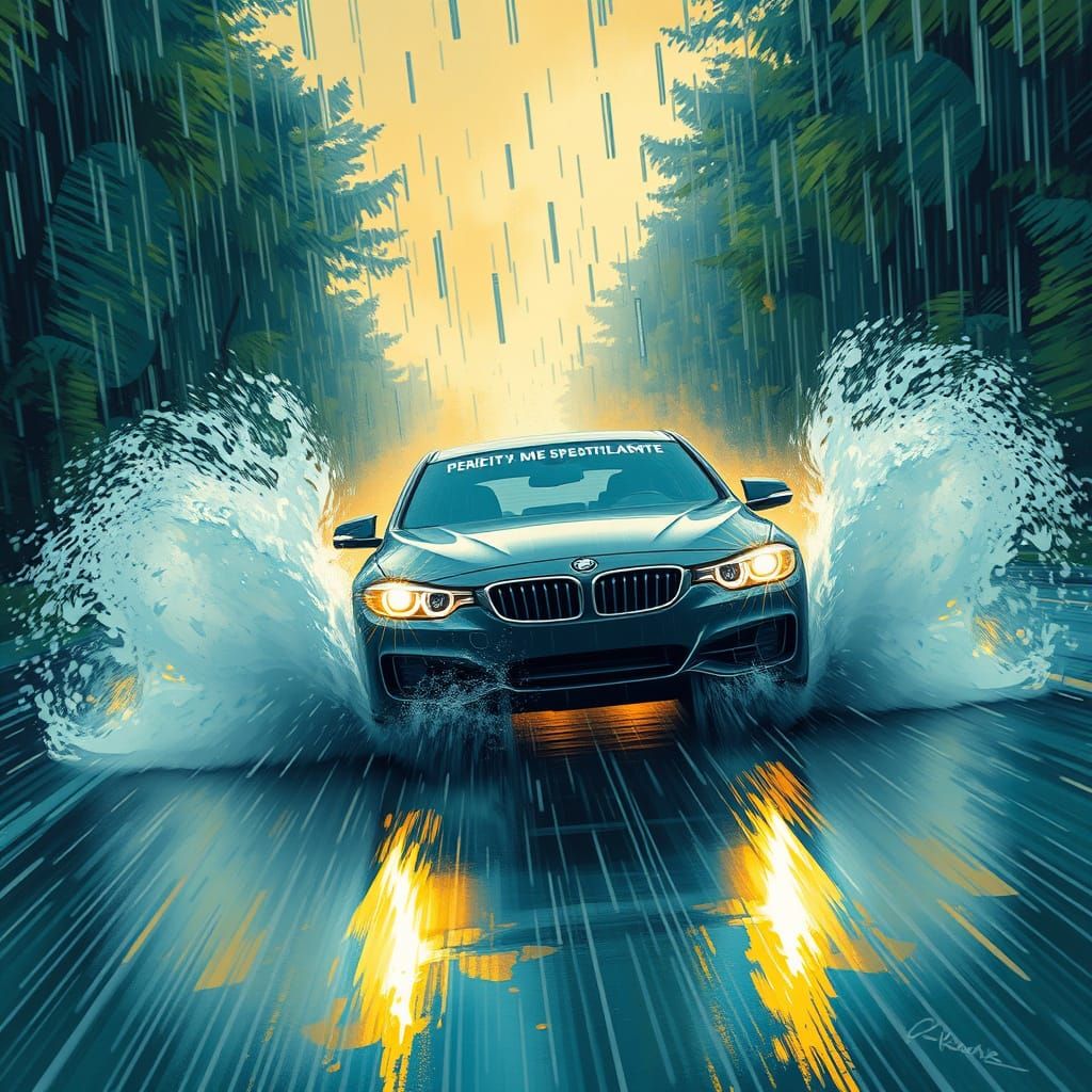 Car Hydroplaning on Rainy Road, Digital Art