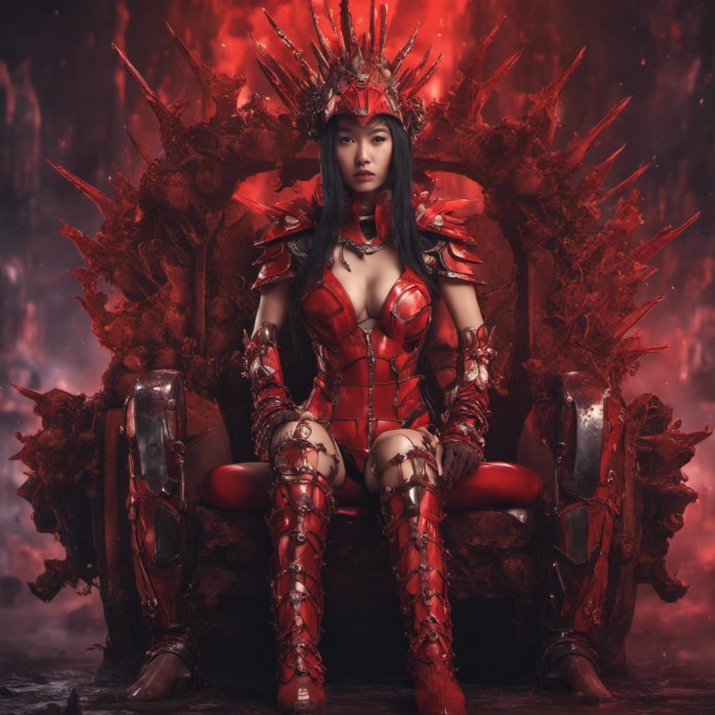 stunningly beautiful asian female wearing red cuber punk armor and micro  bikini sitting with her legs open - AI Generated Artwork - NightCafe Creator