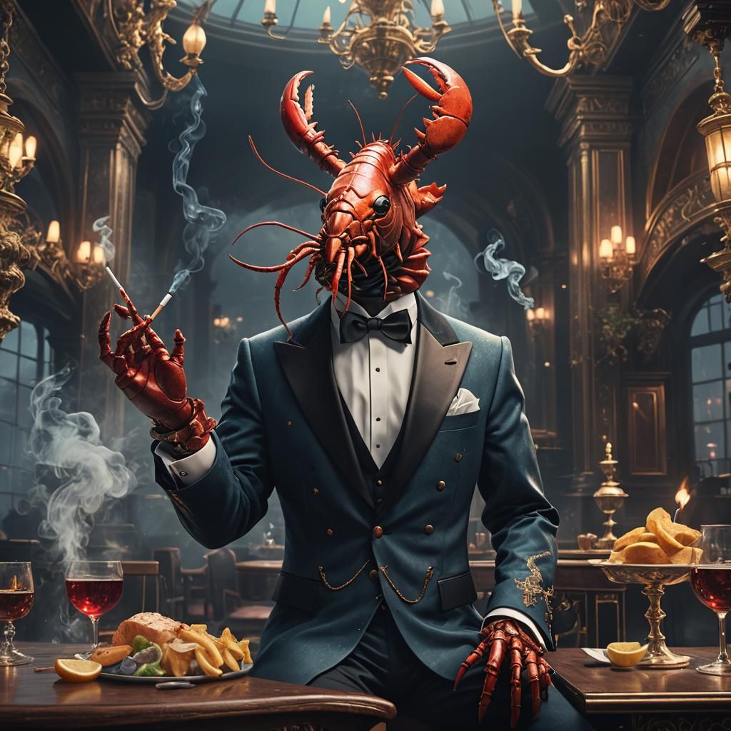 lobster standing upwright, smoking a cigarette and wearing a...