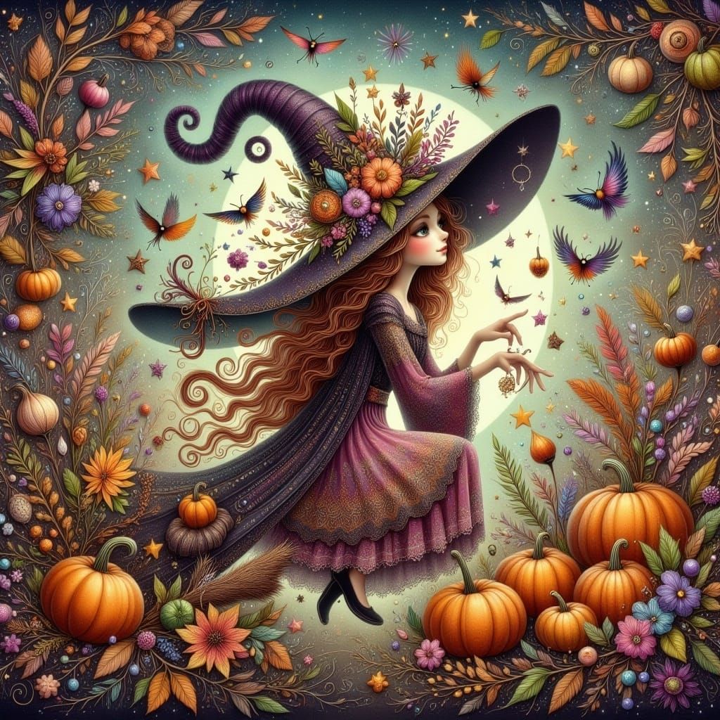  <lora:Whimsical Witches:1.0> whimsical witch in a beautiful fall setting magical mystical enchanting 