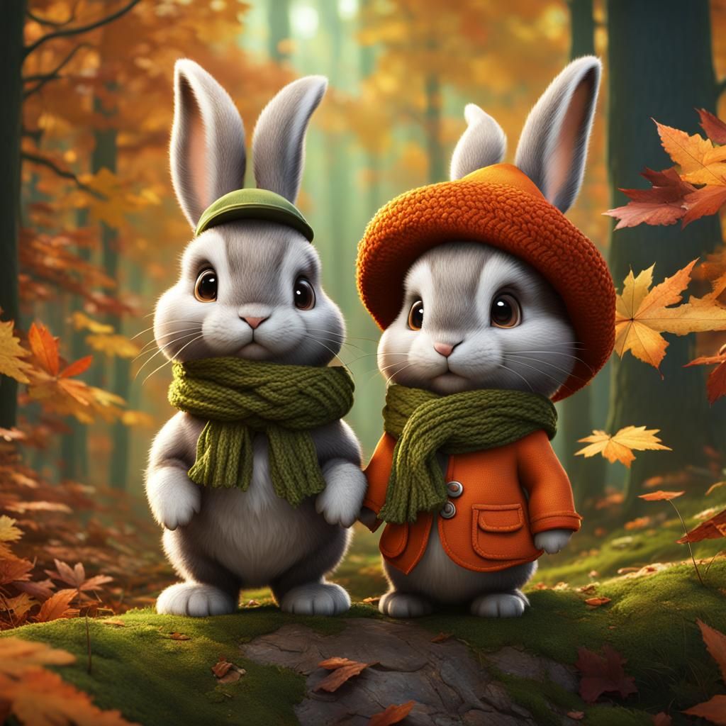 Bunnies Enjoying Autumn Forest Scene in Matte Painting Style