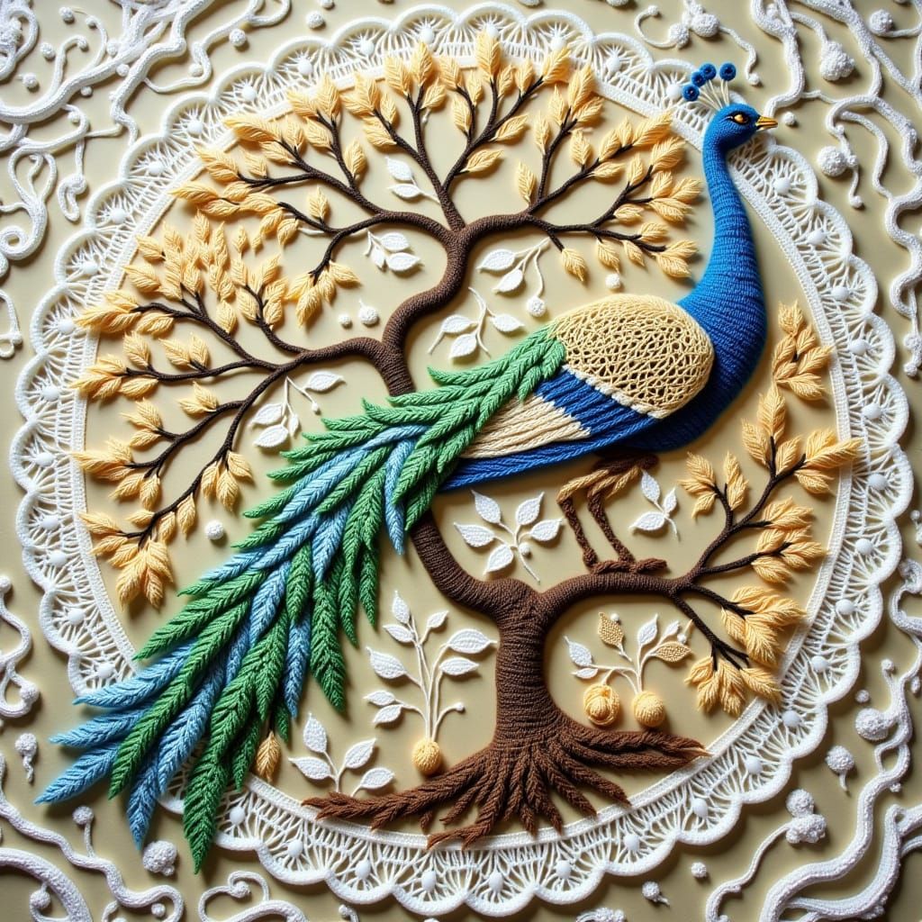 <lora:Lace:1.0> crochet lace panel in the form of a pheasant on a bonsai. Additional transition of shades, perfect composition, masterpiece