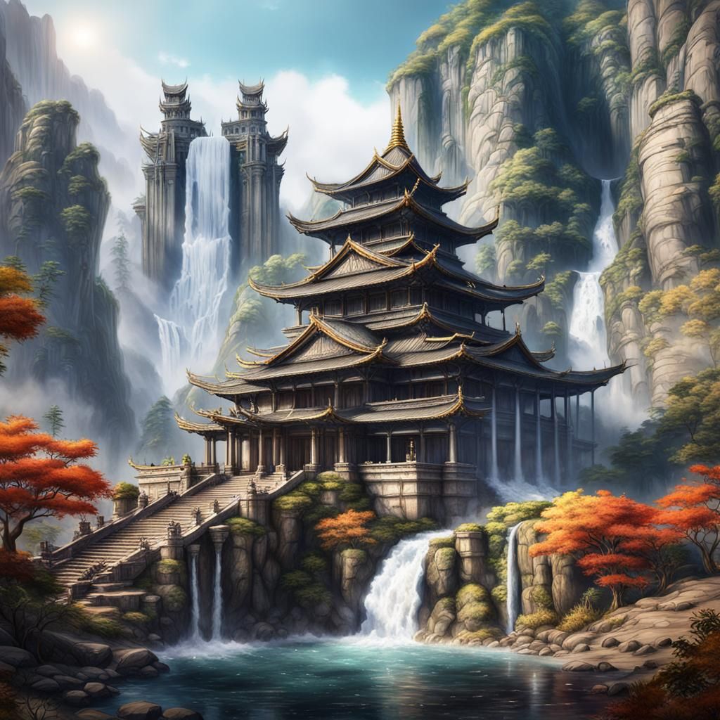 an ancient temple on a mountain with waterfall  by @Dahut
