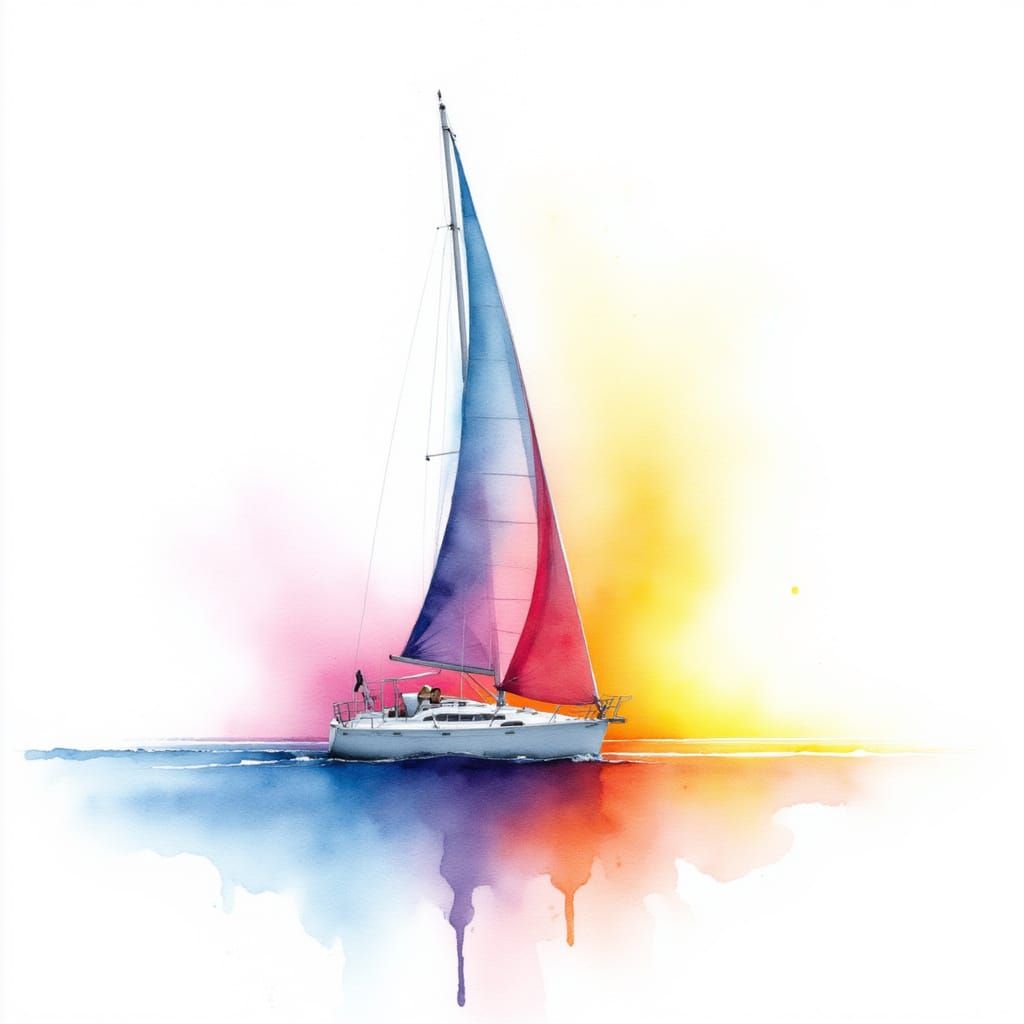 <lora:Watercolor on White:1.0> Watercolor painting on white background. Sailboat with colorful sails racing. 
Edges dissolving in white back...