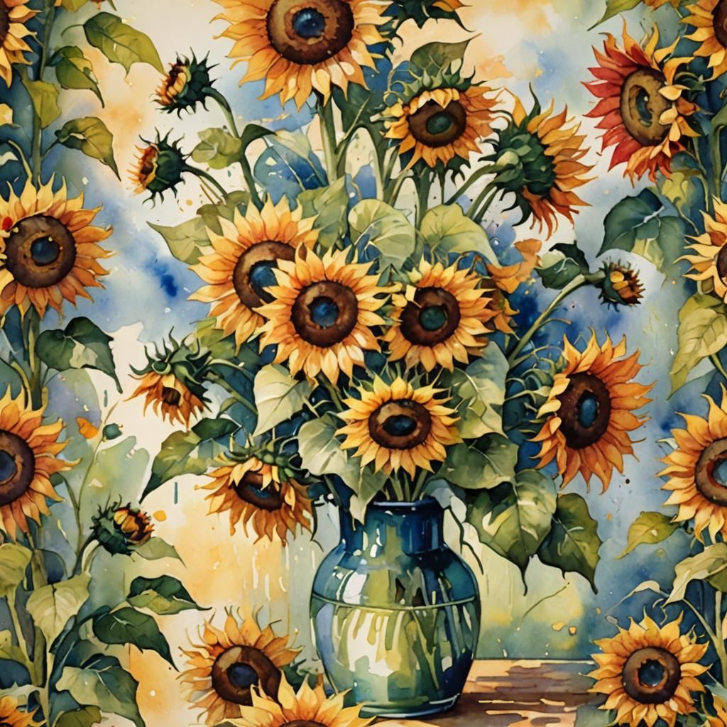 Vase with Sunflower, highly detailed, watercolor, deep contrast of