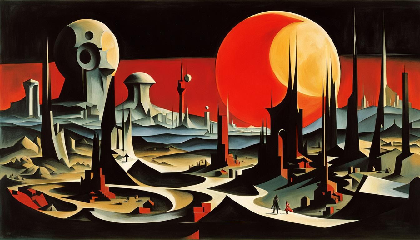 Surreal cubist dreamscape: red moon brooding over lemuria. Salvador Dalì