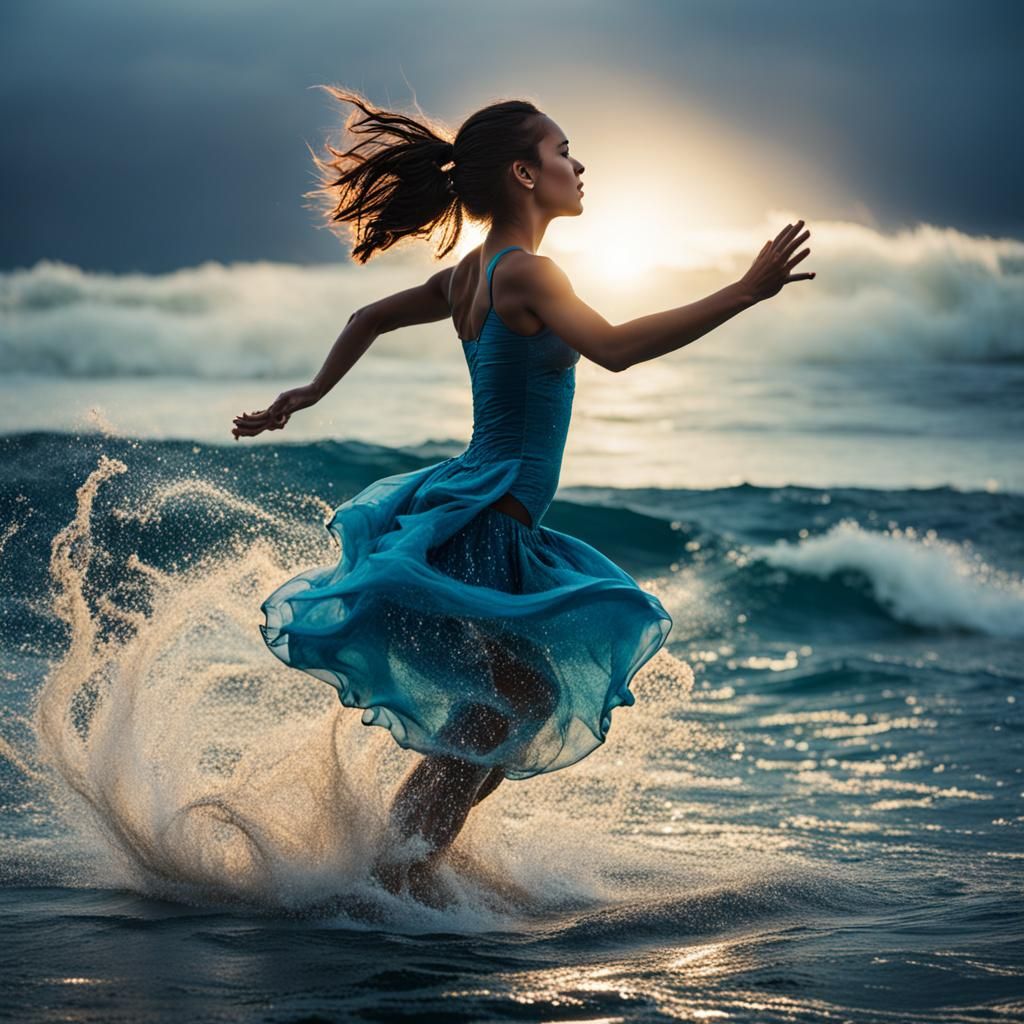 A girl dancing on the ocean surface