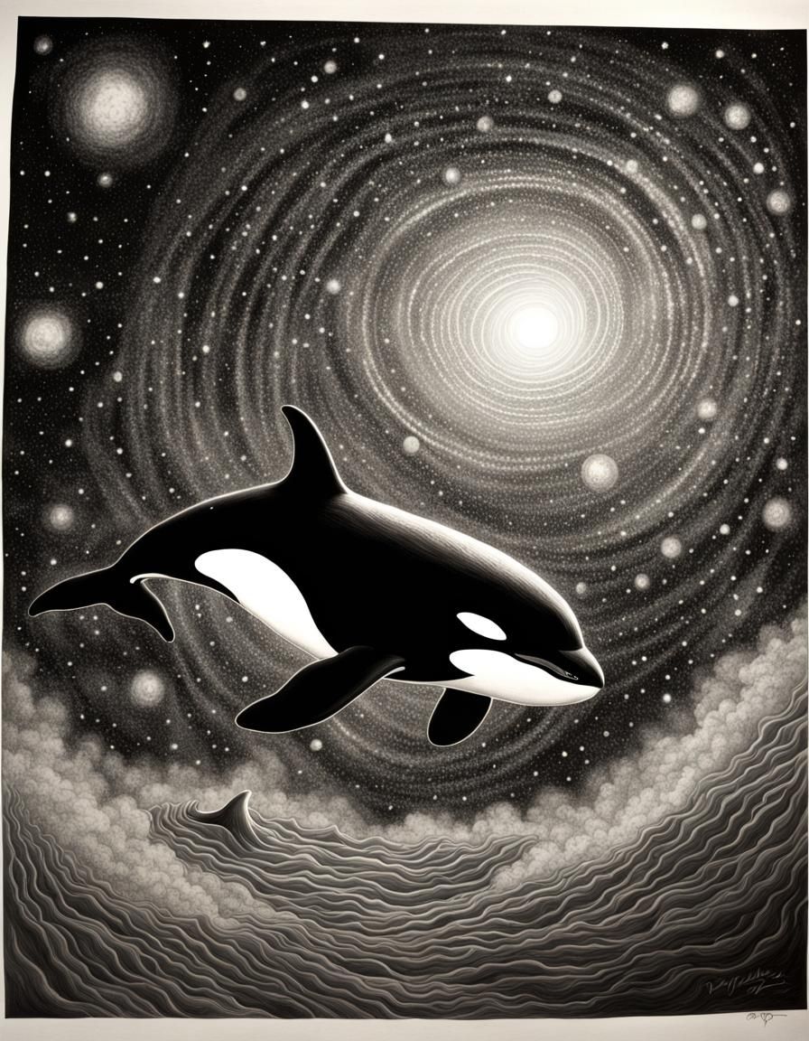 Orca, flying through space.  Stars and galaxies.  In the sty...