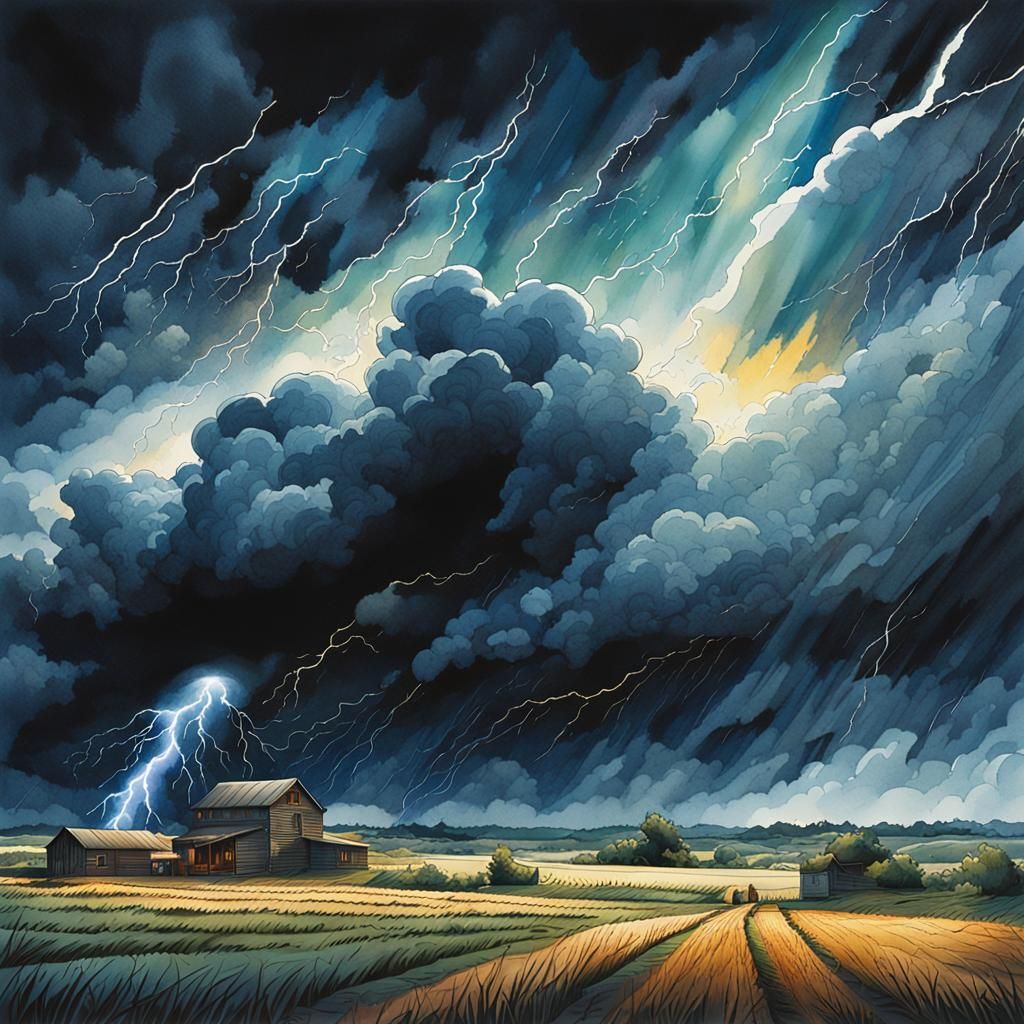 Watercolor of a dark and moody storm. Dynamic cosmic celestial cloudy night sky with lightning. Over ...  by @Viking Rollo