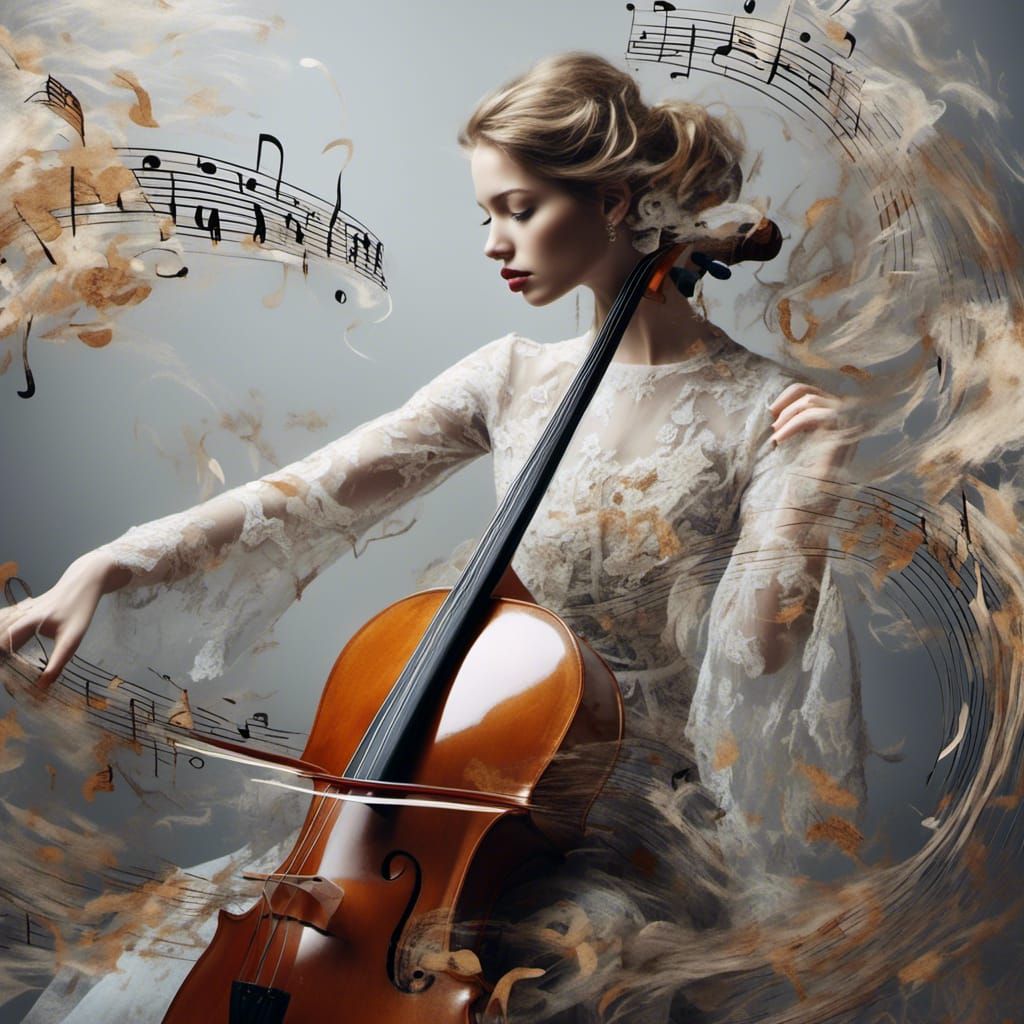 Hyperrealistic Double Exposure: Woman with Cello
