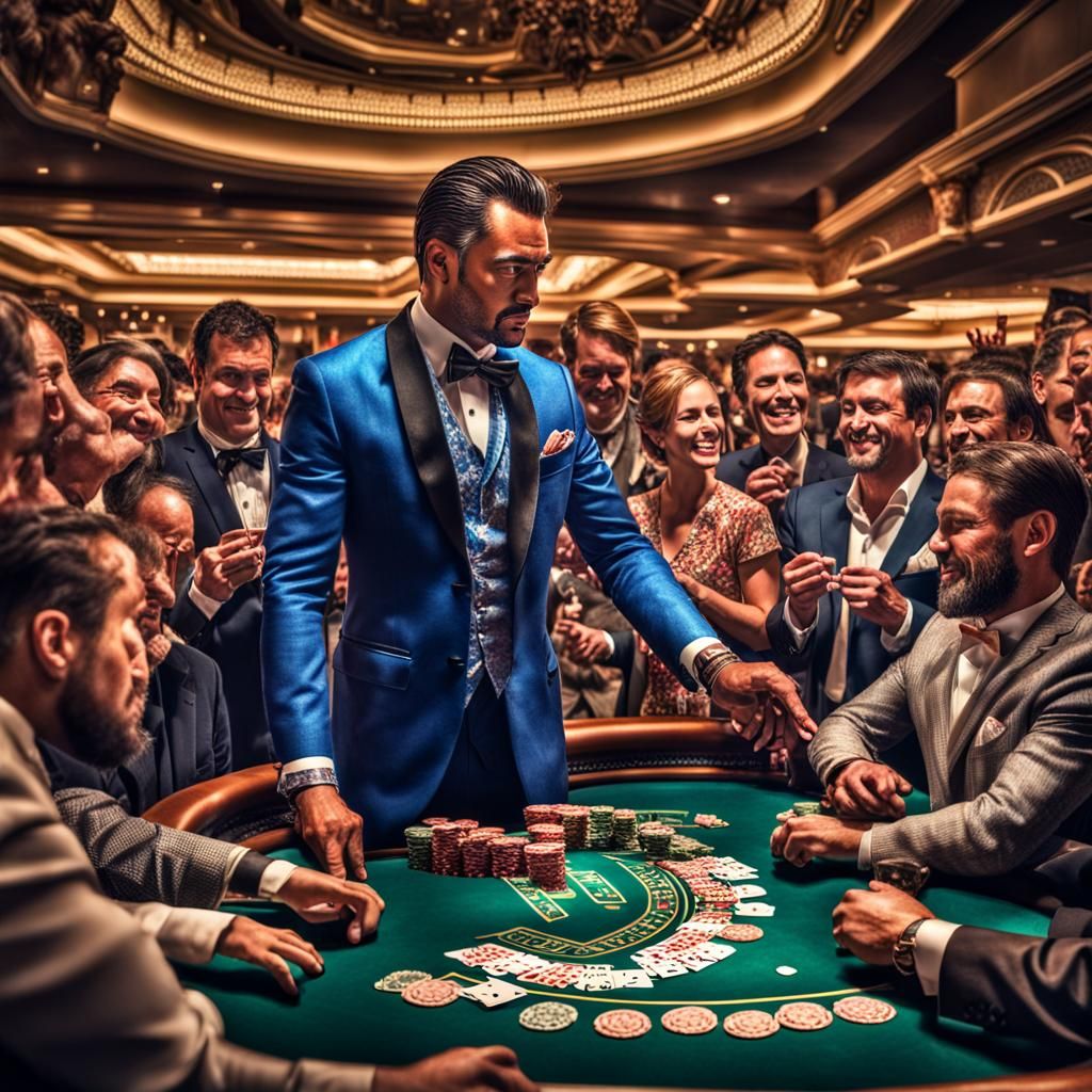 A dapper man winning at blackjack in Vegas surrounded by an admiring ...