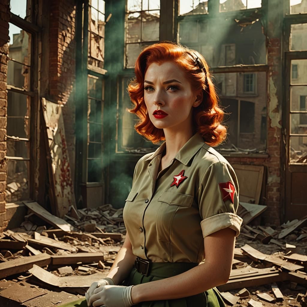 WW2  female Medic redhead green eyes 1950s pin up