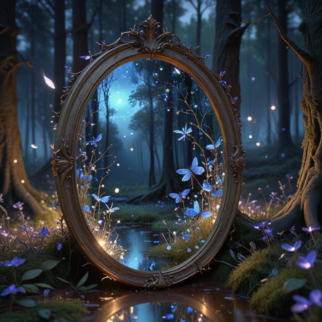 Enchanted Mirror in Forest Clearing: Fantasy Art