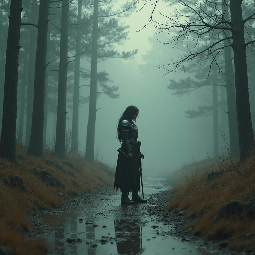 Melancholic Warrior in Rain-Soaked Forest